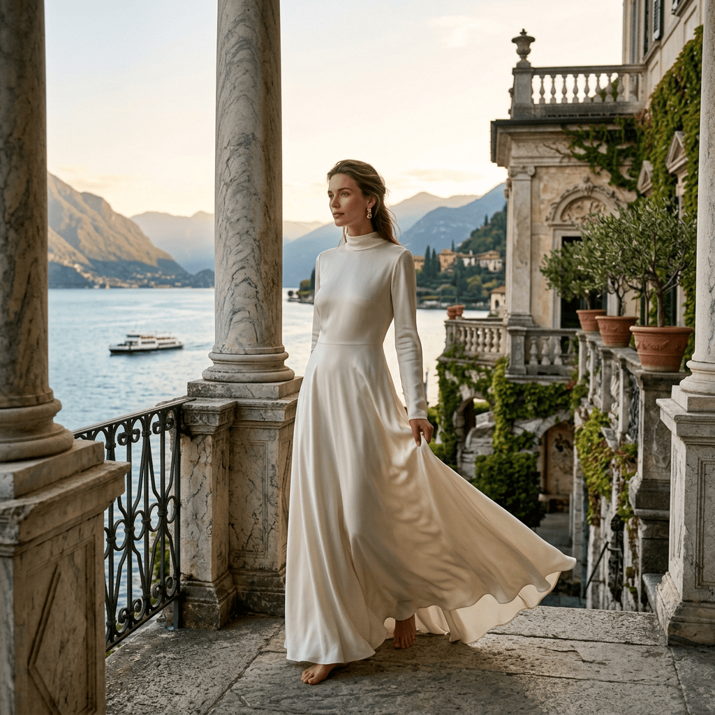 Woman in white gown on lakeside terrace overlooking mountains