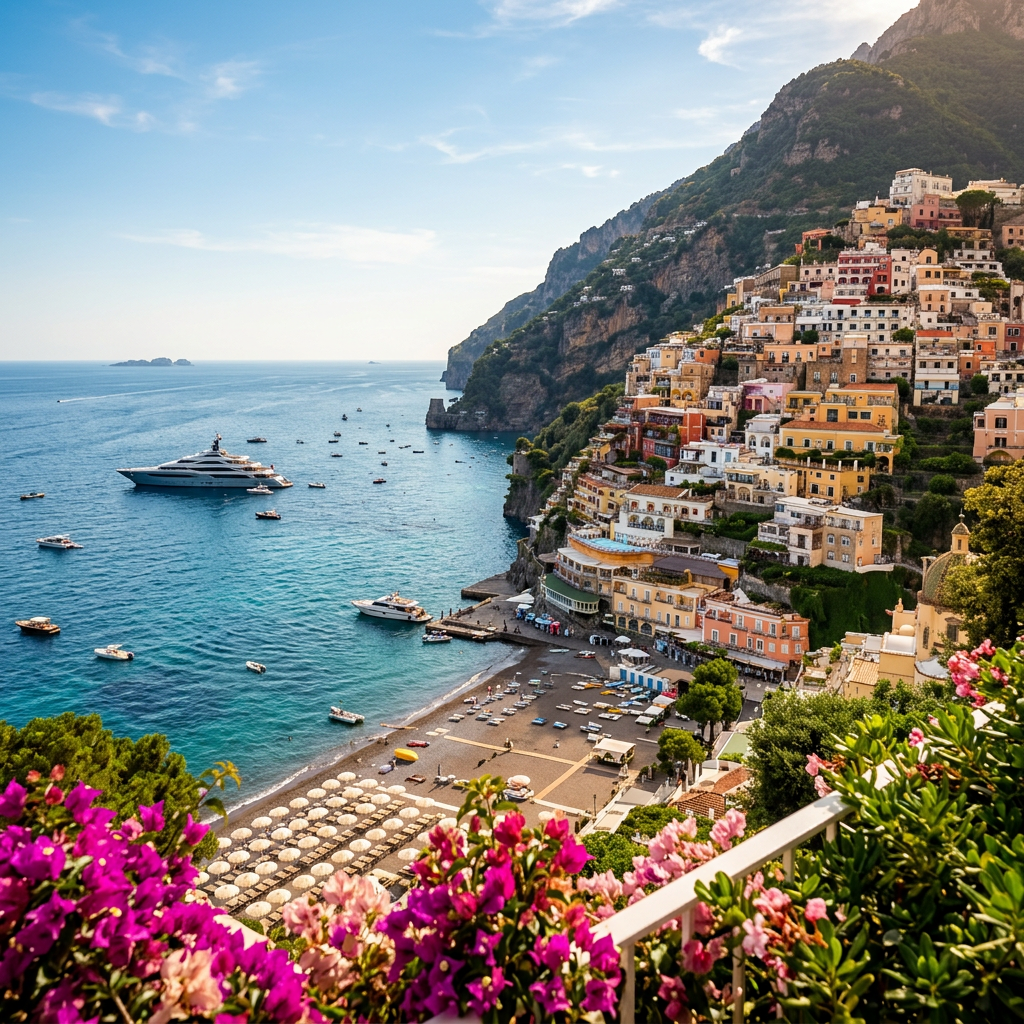Positano cliffside village overlooking a turquoise harbor with boats