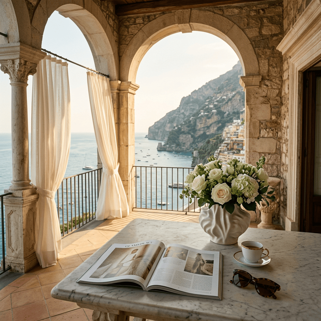 Open magazine, coffee, flowers, and sunglasses on a seaside terrace